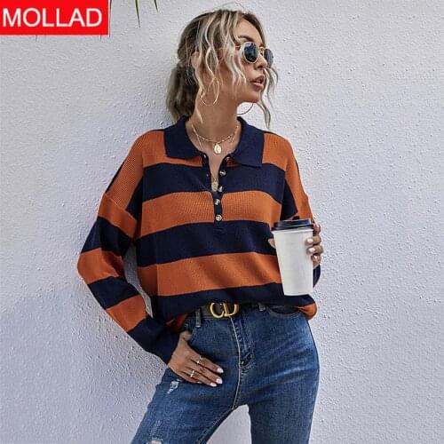 Knitted Pullover Sweater Jumper Long-Sleeve Turn-Down Collar Womens Sweaters Loose Knitwear Orange Blue Female Button Tops