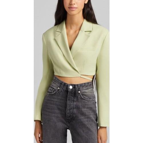 2021 New Za Green Lace Up Slim Cross Irregular Short Suit Womens Long Sleeve Pocket Fashion High Street Short Coats