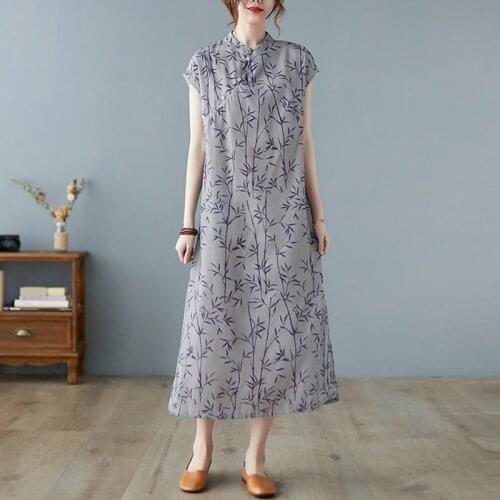 Women Cotton Linen Long Dress New Arrival 2021 Summer Chinese Style Vintage Print Loose Comfortable Female Casual Dresses B717