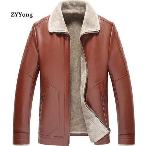 Winter Leather Jacket Men Jacket Black Fleece Fur Turndown Collar Parka Coat Overcoat Plus Velvet Warm PU Casual Brown Outwear
