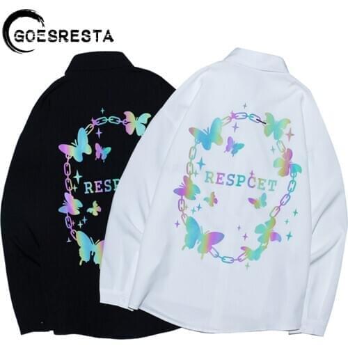 2020 Brand Reflective Butterfly Long-sleeved Shirt Men Oversized Hip Hop Streetwear Shirts Harajuku Casual Fashion Mens Shirt