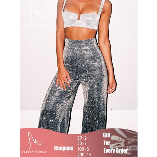 Wide Leg Pants for Women Blink Casual Elastic High Waist 2021 New Fashion Loose Long Zipper Pants Party Trousers FLUFFY WORLD