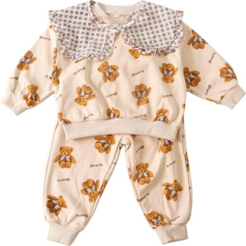 Kids O-neck Long Sleeve Cartoon Bears Print Loose Fit Pullover Hoodies+Pants 2pcs Clothing Sets Detachable Neck Tracksuits