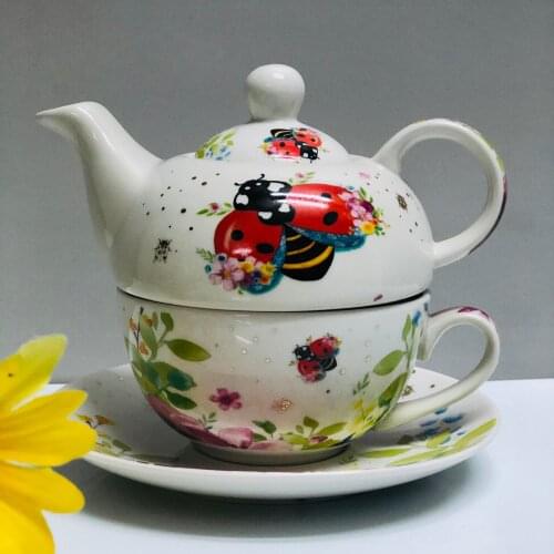 Garden style ceramic mother and son pot one person tea cup double pot coffee milk cup dish pot three piece set