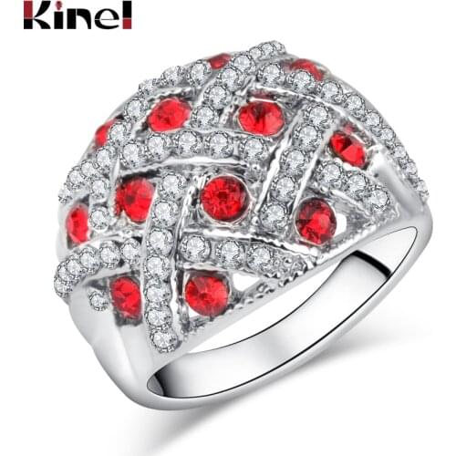 Kinel Vintage Jewelry Engagement Rings For Women Silver Color Retro Look Big Oval Red Austrian Crystal Ring