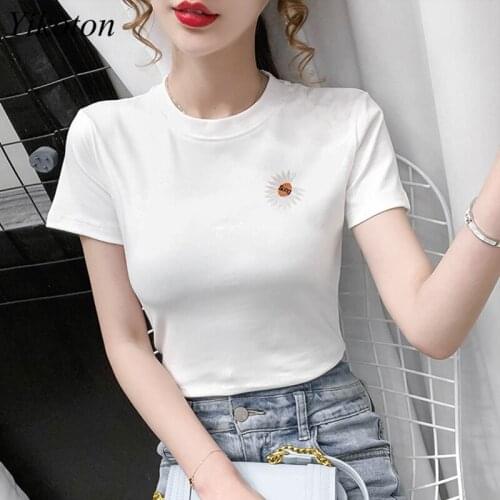 Women T-Shirts Cotton Top O-Neck Embroidered Casual Short Sleeve Ladies T-Shirt Fashion Tee Tops Tee Shirt Femme Camisetas Mujer