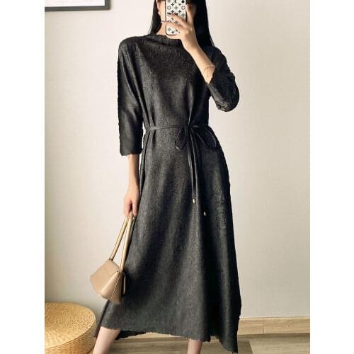 HOT SELLING Miyake Fold solid stand neck three quarter lacing big A-Line dress IN STOCK