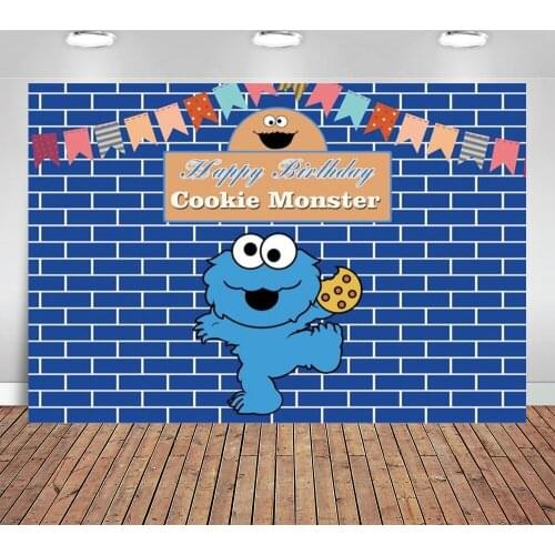 Cute Eat Biscuits Little Monster Dance Blue Backdrop Baby Birthday Party Table Decoration Photograph Photo Kid Custom Background