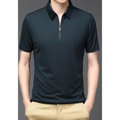 2021 Classic Turn-down Collar Men Shirt Solid Color Casual Breathable Zipper Short Sleeve Stretchy Shirt Streetwear for Office