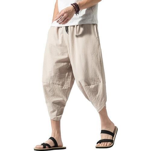 Shanghai Story Mens Linen Stripe Capri Linen Trousers Summer Harem Pants Wide Leg Baggy