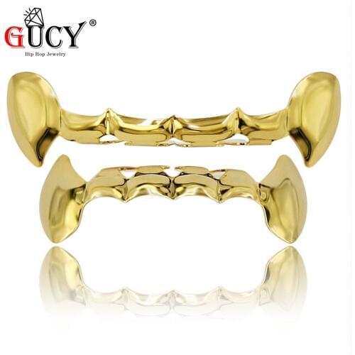 GUCY Hip Hop Fang Grills Caps Gold Color Plated Half Teeth Dracula Vampire Fangs Slim Grill Top & Bottom Grillz Teeth Set