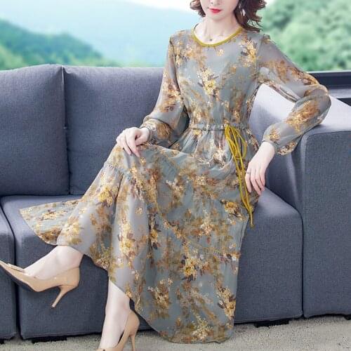 Only Plus Dress Female 2021 Autumn New Lady Temperament Waist Slimming Printed Skirt Long Sleeves Lantern Sleeve Bohemian Dress