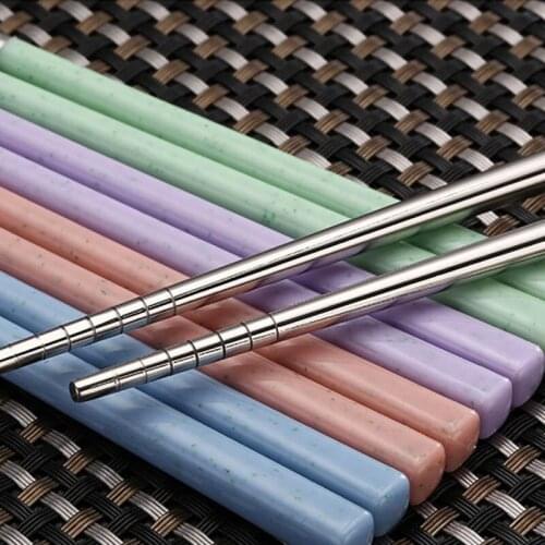 1 Pair Stainless Steel Portable Reusable Chinese Chopsticks Kitchen Gadgets Tableware Healthy Wheat Straw Food Sticks Tools