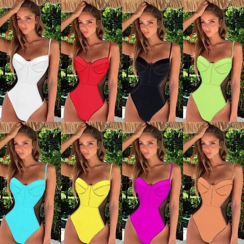 Sexy One Piece Swimsuit Women Solid Swimwear Women Monokini Push Up Swimsuit Bandage Bathing Suit Thong Swimwear Mesh Monokini
