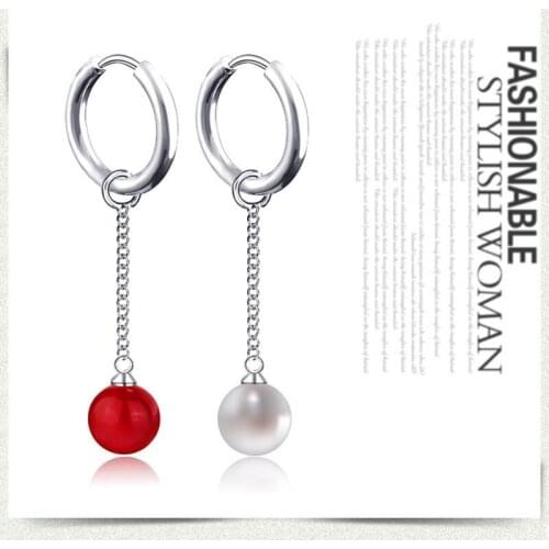 Red White Ball pendant Stainless steel Earrings For Women Men Fashion Hip Hop Round Charms Stud Ear Jewelry Gifts 2 pieces