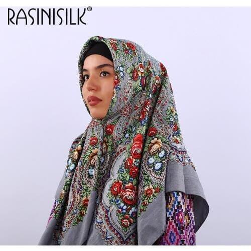 Quality Women Scarves Russian Large Square Headscarf European And American National Style Muslim Hijab Printing Winter 110x100cm