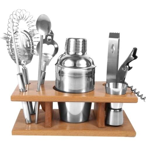 8pcs Stainless Steel Cocktail Shaker Mixer Drinker with Wood Holder Stand Drinking Tool Bar Set