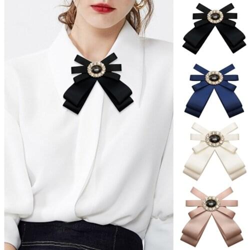Korean Cloth Art Ribbon Bow Brooch Crystal Retro Ladie Bowtie Broaches Pin Shirt Badge Collar for Women Accessories gifts