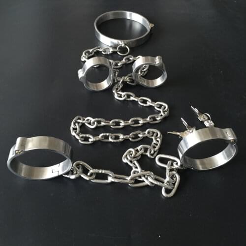 Stainless Steel Lockable Bondage Neck Collar Handcuffs Ankle Cuff Restraints Fetish BDSM Sex Toys For Women Man Couples