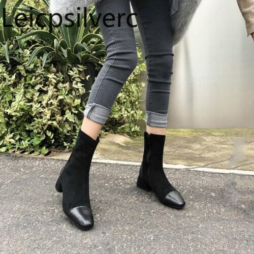 Womens Boots New winter fashion Square head zipper Low-heeled Ankle boots Womens shoes plus size 33-43 Heel Height 4cm black