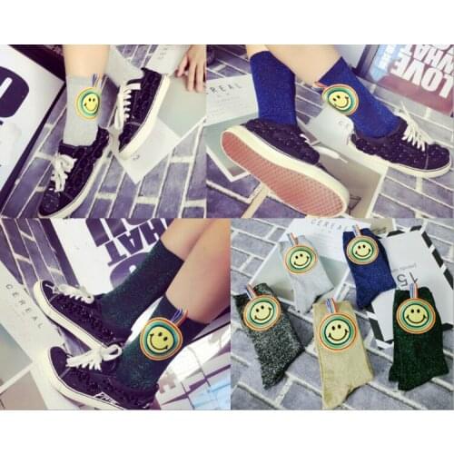 Gtglad New Arrived Korean Style Fashion Glitter Sock Women Spring Winter Rainbow smiling face Candy Color Hand-made Bright Socks
