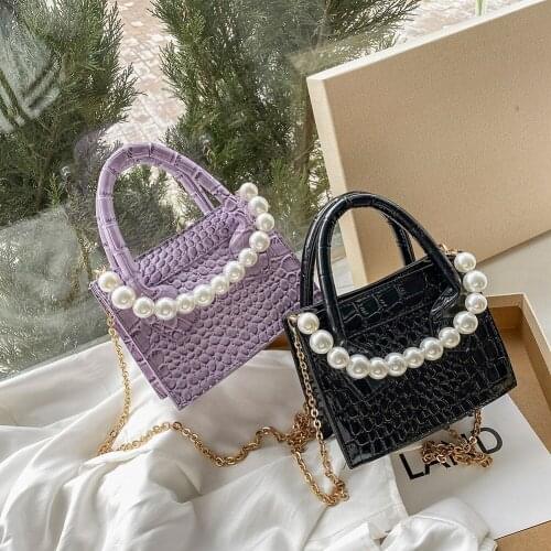 Retro Women Alligator Pattern Shoulder Bag Casual Fashion Pearl PU Messenger Handbags Purse Chain Rectangular Crossbody Handbag