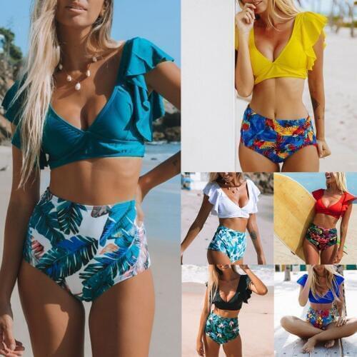 Womens Sexy Bikini Set Ruffle V-Neck Push Up Swimsuit Tropical Floral Beachwear A0NF