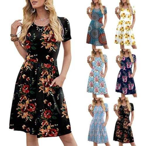 Womens fashion spring and summer printed round neck short sleeve pocket slim dress