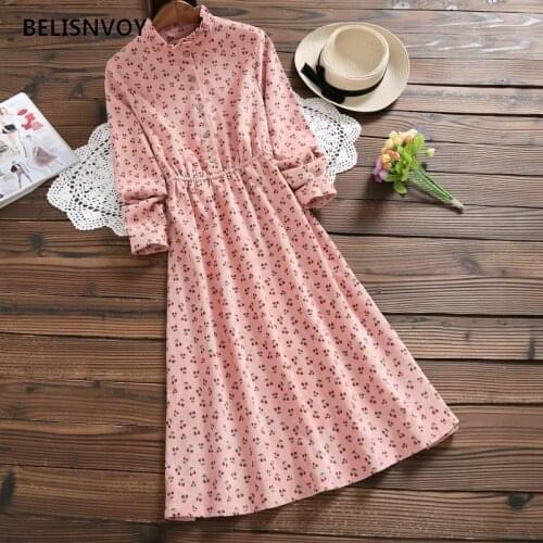 2021 New Spring Autumn Women Corduroy Dress Stand Collar Blue Animal Printed Party Vestidos Elegant Vintage Mori Girl Midi Dress