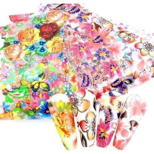 YWK 10pcs Flower Decorations for Nails Mix Colorful Transfer Nail Foil Sticker Butterfly Adhesive Paper