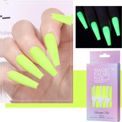 24pcs False Nails Luminous Glow in the Dark Ballerina Long Coffin Solid Color Fake Nails Press on Nails with Glue Manicure Tool