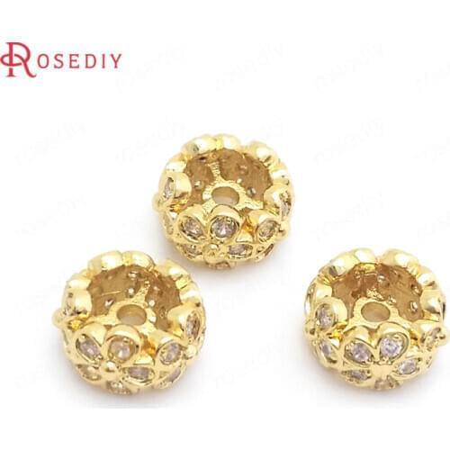 37831)6PCS 8MM 24K Gold Color Brass with Zircon Flower Round Spacer Beads Bracelets Beads Jewelry Making Supplies Diy Findings