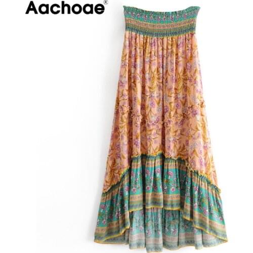 Aachoae Women Boho Floral Print Long Skirts Female High Waist Ruffles Vintage Skirt Summer Beach Irregular Hem Skirts 2021