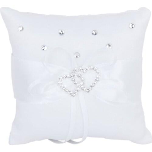 White Double Heart Rhinestone Ring Pillow Wedding Ring Bearer Cushion 10*10cm