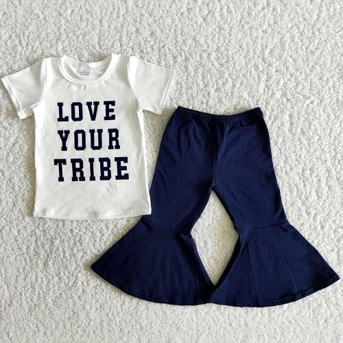 White Top Navy Solid Color Beller Pants Children Clothes Boutique Girl Short Sleeve Outfits Toddlers Letters Design Set
