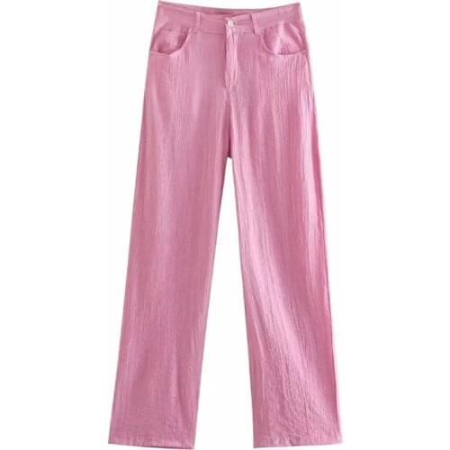 TRAF Za 2021 Pink Pants Women Wide Leg Pants Woman Loose High Waist Female Trouser Summer Fashion Wide Streetwear Trousers
