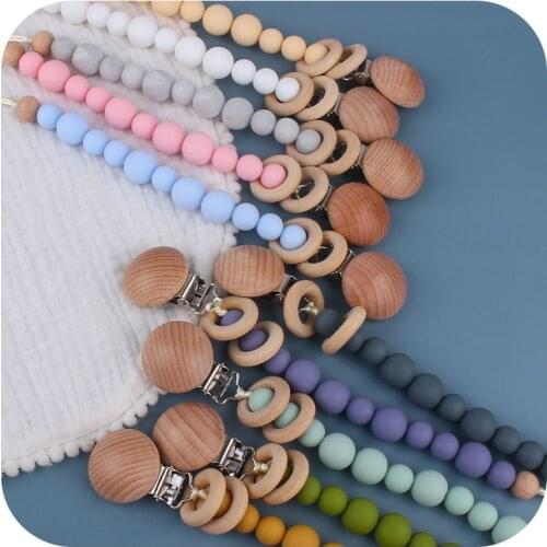 Food Grade Silicone Beads Baby Pacifier Clips Wooden Ring Dummy Chain Clip Infant Nipple Holder Feeding Appease Smoother Chew