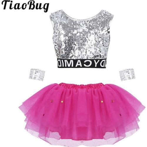 TiaoBug Children Girls Sequins Metallic Crop Tops with Mesh Ballet Tutu Skirt Set Kids Teens Modern Hip Hop Jazz Dance Costumes