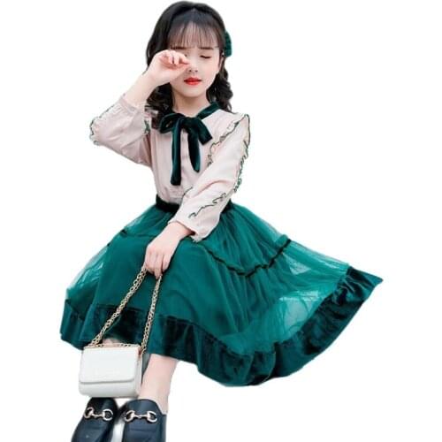 Girls baby suit spring long sleeve shirt+skirt 2pcs/set Children autumn rosette mesh skirt cute kids school wedding party wear