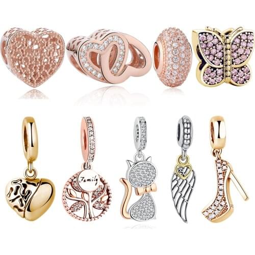 ELESHE 925 Sterling Silver Bead Charm Pendant Heart Charms Gold Color Fit Original Bracelets Necklace DIY Jewelry