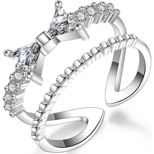 Hot Sale Wholesale New Bowknot Design Fashion Shiny Zircon 925 Sterling Silver Adjustable Size Rings for Women Jewelry Gift