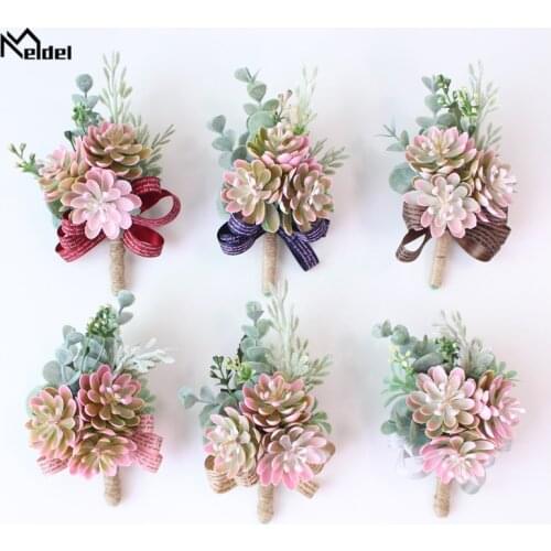 Meldel Succulent Corsage Artificial Plant Wedding Men Boutonniere Bride Wrist Corsage Eucalyptus Leaves Prom Party Accessories