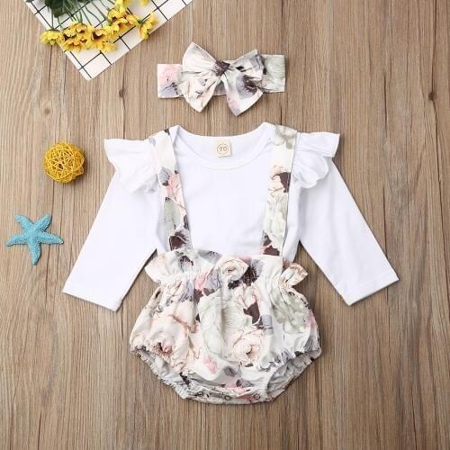 Pudcoco Newborn Baby Girl Clothes Solid Color Long Sleeve Romper Tops Strap Flower Print Short Pants Headband 3Pcs Outfits Set