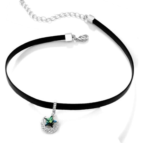 Trendy Leather Choker Necklace For Women Crystal stars Moon Pendant Fashion Jewelry