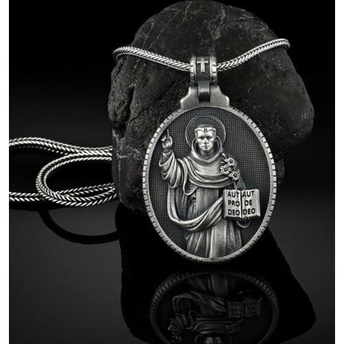 Vintage Christian Saint Dominic Mens Necklace Catholic Godfather Pendant Metal Religious Accessories
