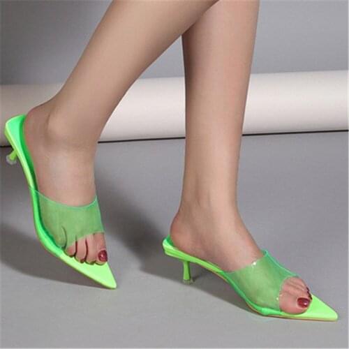 Pointed Toe Women Pvc Slippers Transparent Design Thin Low Heels Slip On Fashion Shoes Outdoor Causal Slides Sexy Mules Eu 35-42