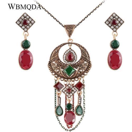 2 Pcs/lot Turkish Antique Gold Bridal Jewelry Sets Vintage Tassel Statement Necklace Earrings For Women Ethnic Accessories