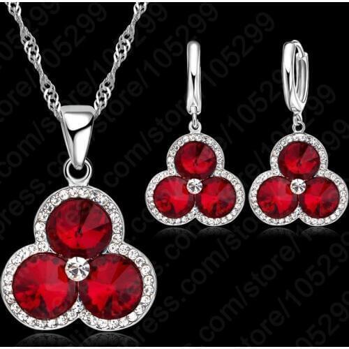Real Romantic 925 Sterling Silver CZ Crystal Petal Shape Red Stone Pendant Necklace Earring For Woman Wedding Jewelry Set