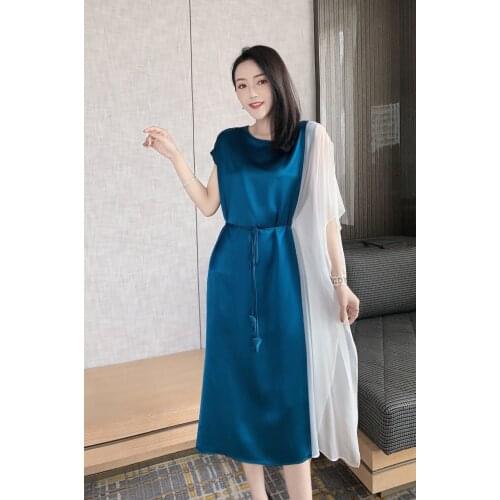 2021 summer new style womens silk stitching irregular elegant dress