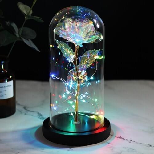 New Flashing colorful LED night with Black Base Galaxy Rose In Flask Flower In Glass Dome For ValentineS Day Gift Wedding Deco